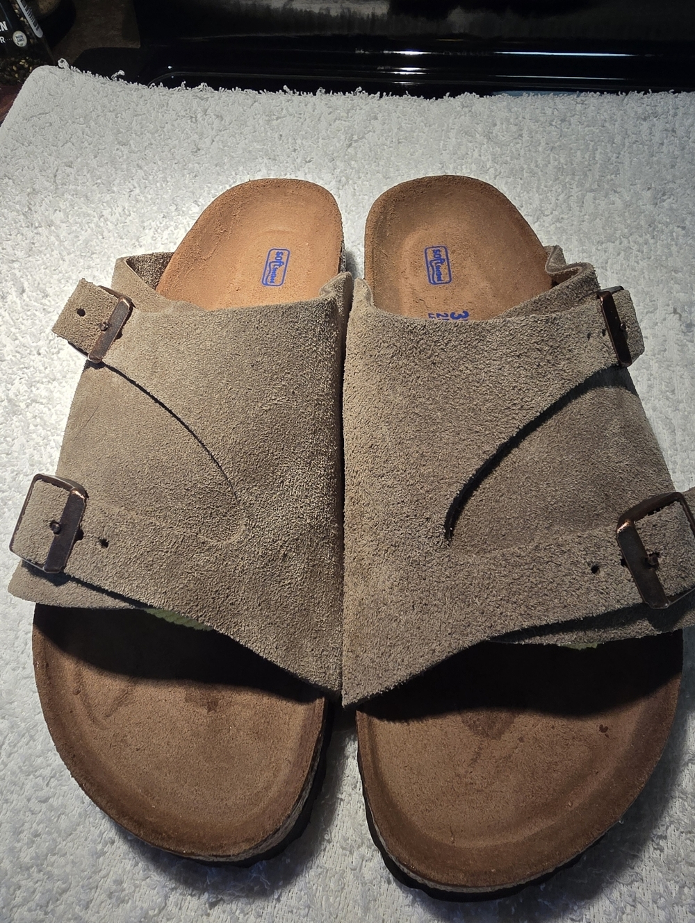 BIRKENSTOCK Suede Slide Sandals in Taupe with Buckle Straps